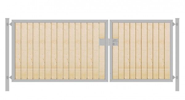Einfahrtstor Premium (2-flügelig) mit Holzfüllung senkrecht; asymmetrisch; verzinkt; B:250 cm H:180 cm