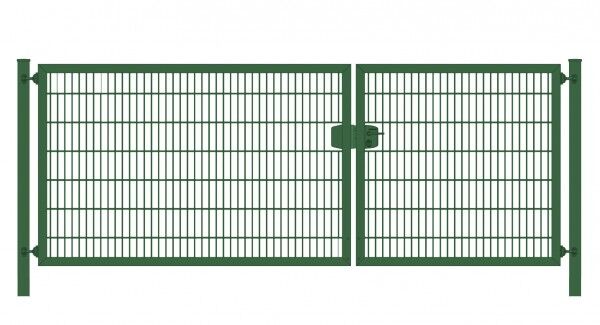 Elektrisches Einfahrtstor Premium Plus 8/6/8 (2-flügelig) asymmetrisch; Moosgrün Doppelstabmatte; Breite 300 cm x Höhe 120 cm