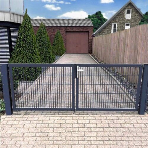 Einfahrtstor Basic (2-flügelig) symmetrisch; Anthrazit RAL 7016 Doppelstabmatte; Breite 450cm Höhe 203cm