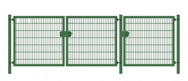 Premium Plus Einfahrtstor 6/5/6 (3-flügelig); Grün Doppelstabmatte; Breite 375 cm (1,25m/ 1,25m/ 1,25m) x Höhe 140 cm