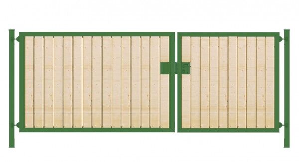 Einfahrtstor Premium (2-flügelig) mit Holzfüllung senkrecht; asymmetrisch; grün; B:350 cm H:120 cm