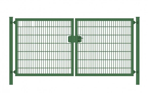 Einfahrtstor Premium Plus 6/5/6 (2-flügelig) symmetrisch; Moosgrün RAL 6005 Doppelstabmatte; Breite 500 cm x Höhe 200 cm